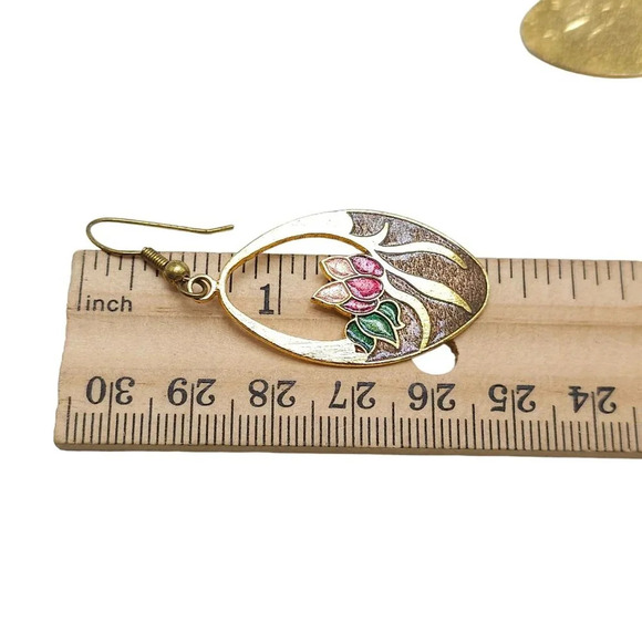 Multicolor Enamel Floral Cloisonné Dangle Drop Earrings Gold Tone Vintage - Picture 5 of 5